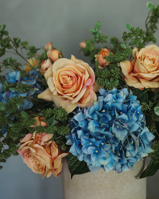 Sunset Roses and Blue Hydrangeas Real Touch Florals