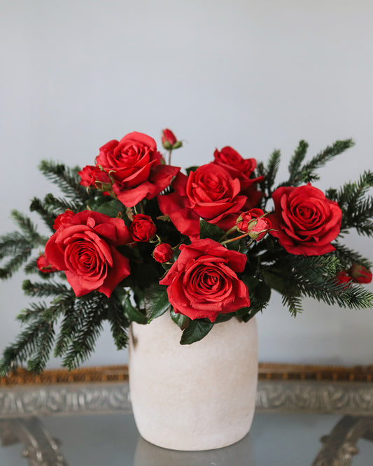 Red Real Touch Roses and Artificial Pine Centerpiece