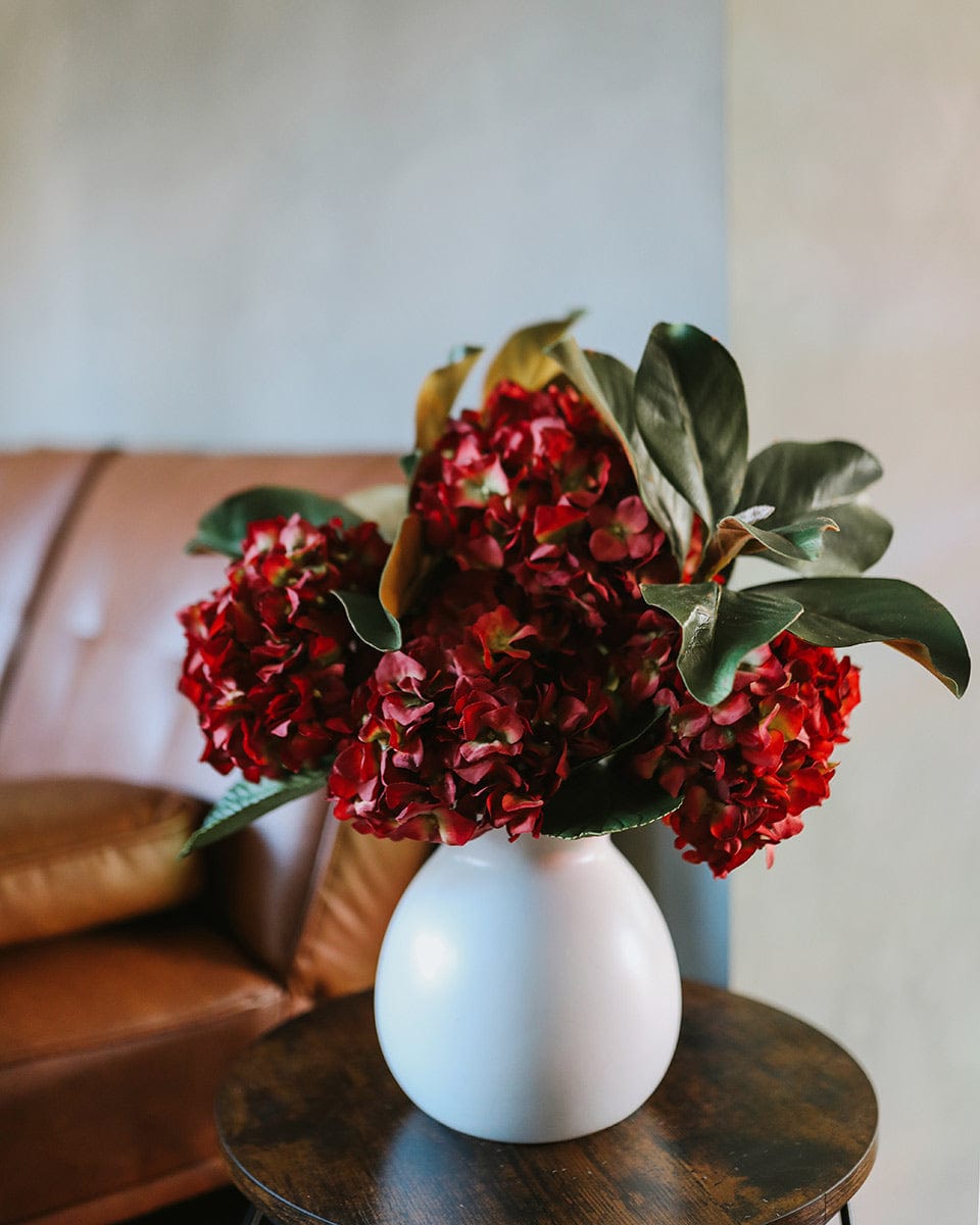 Silk Flowers Red Hydrangeas and Faux Brunia Berries