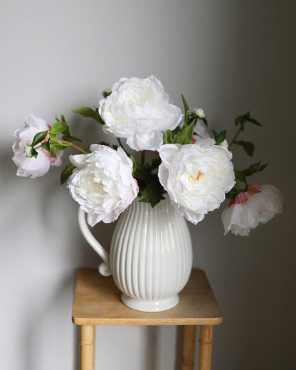 Fake Flowers White Peony Stems in Ceramic Vase